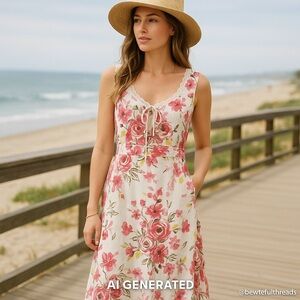 Cut Loose 100% Linen Floral Fit & Flare Midi Dress M – Lace Trim, Side Buttons